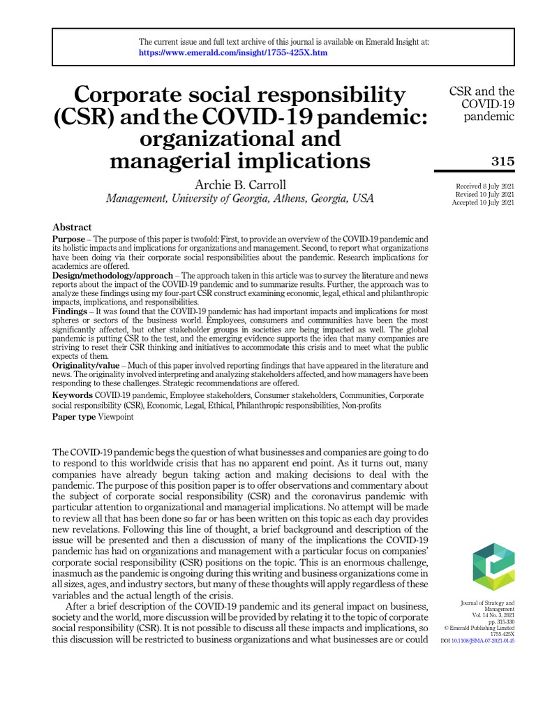 Corporate Social Responsibility (CSR) and The COVID-19 Pandemic ...