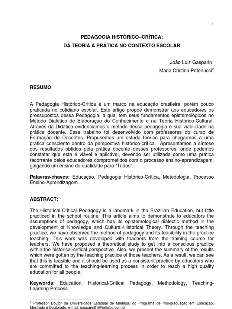 Pedagogia Histórico-Crítica na Prática Escolar | PDF | Pedagogia ...