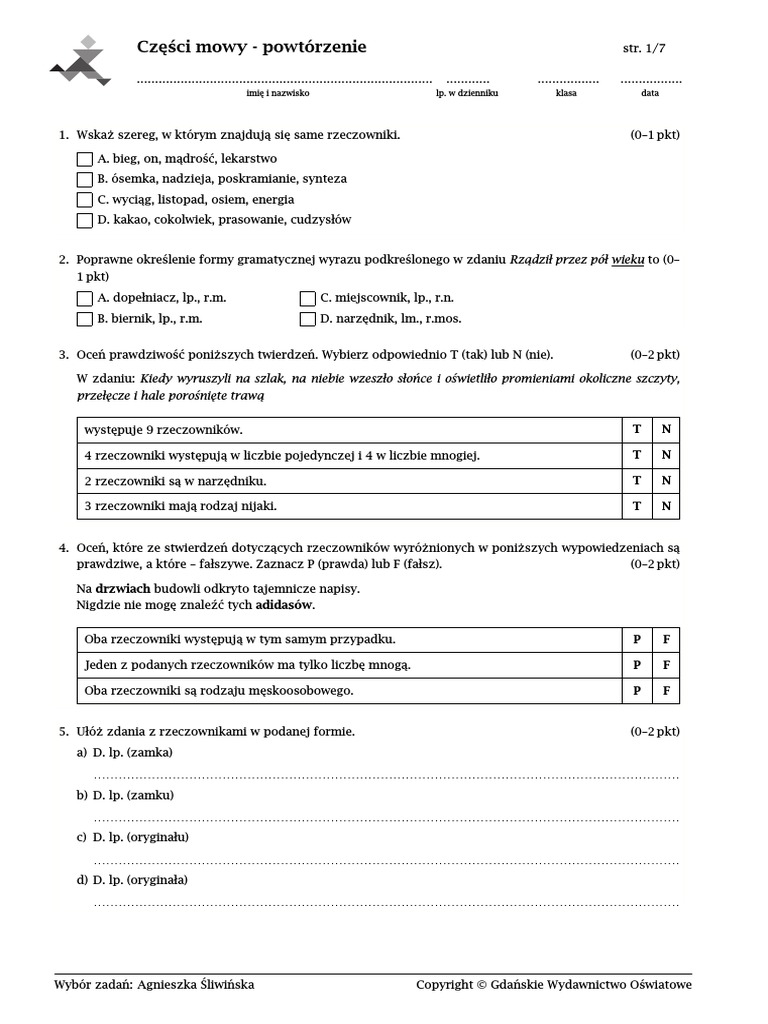 Sprawdzian Z Części Mowy Klasa 5 Pdf