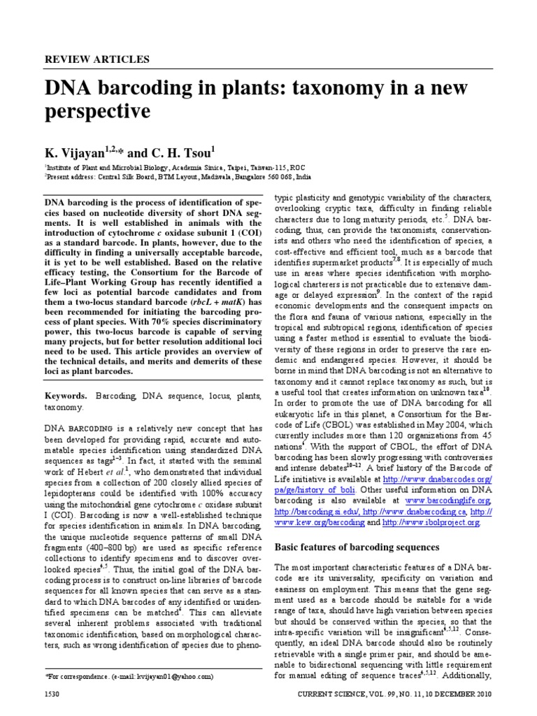 DNA Barcoding in Plants: Taxonomy in A New Perspective: K. Vijayan and ...