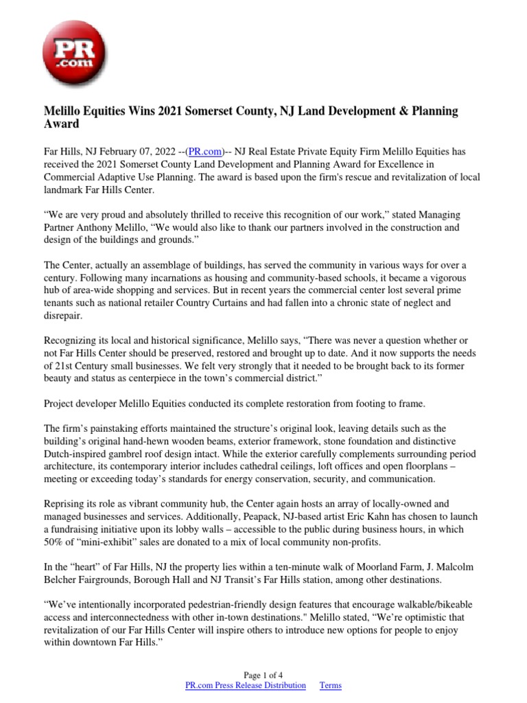 Melillo Equities Wins 2021 Somerset County NJ Land Development 