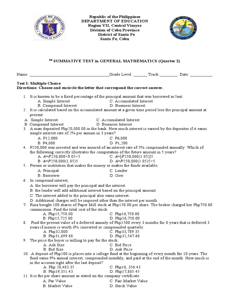 General Math 1st Summative Test Q2 | PDF | Interest | Bonds (Finance)