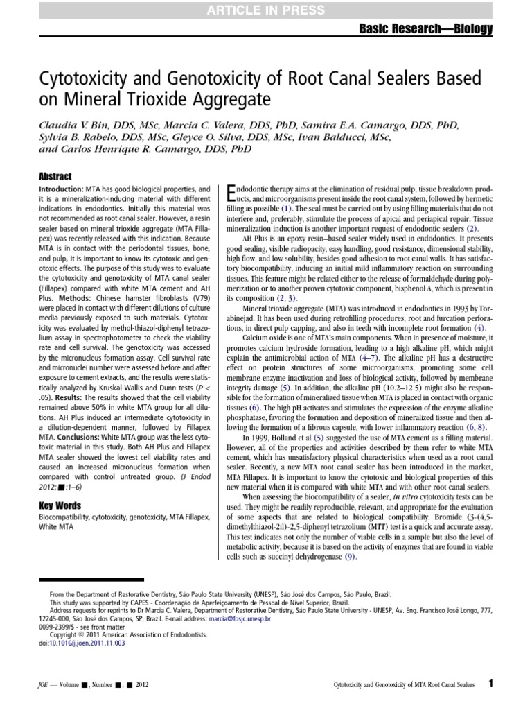 Cytotoxicity and Genotoxicity of Root Canal Sealers Based On Mineral Trioxide Aggregate PDF