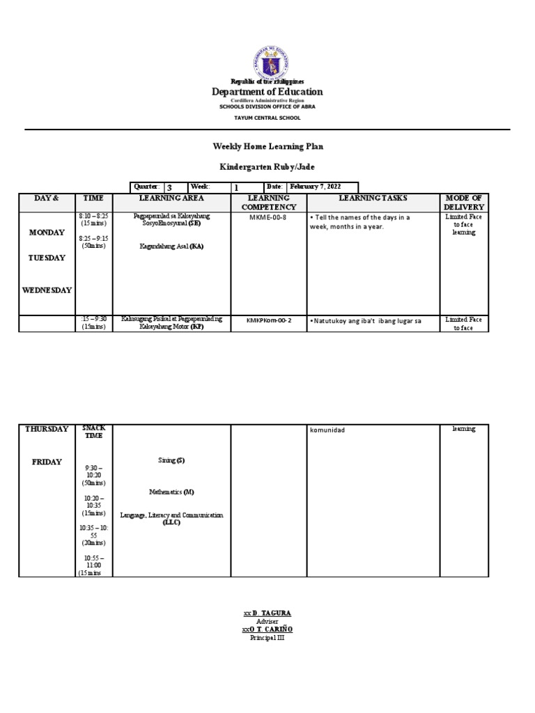 KINDERGARTEN WEEKLY HOME LEARNING PLAN q3 w1 PDF