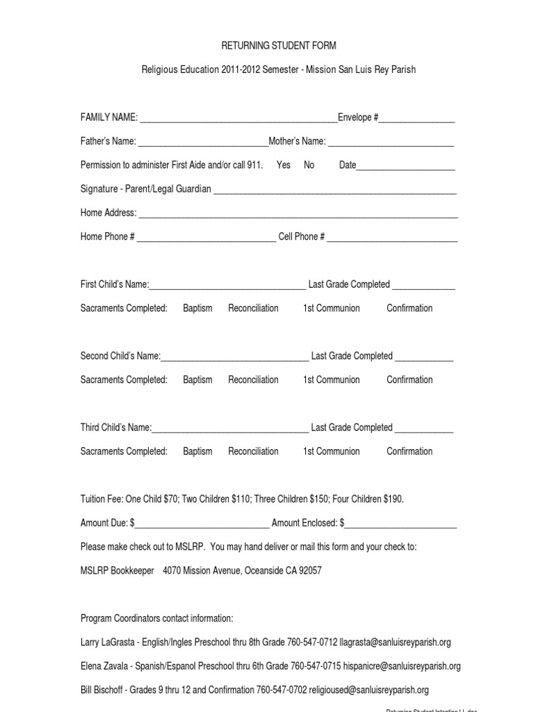 Returning Student Form - Mission San Luis Rey | PDF | Wellness