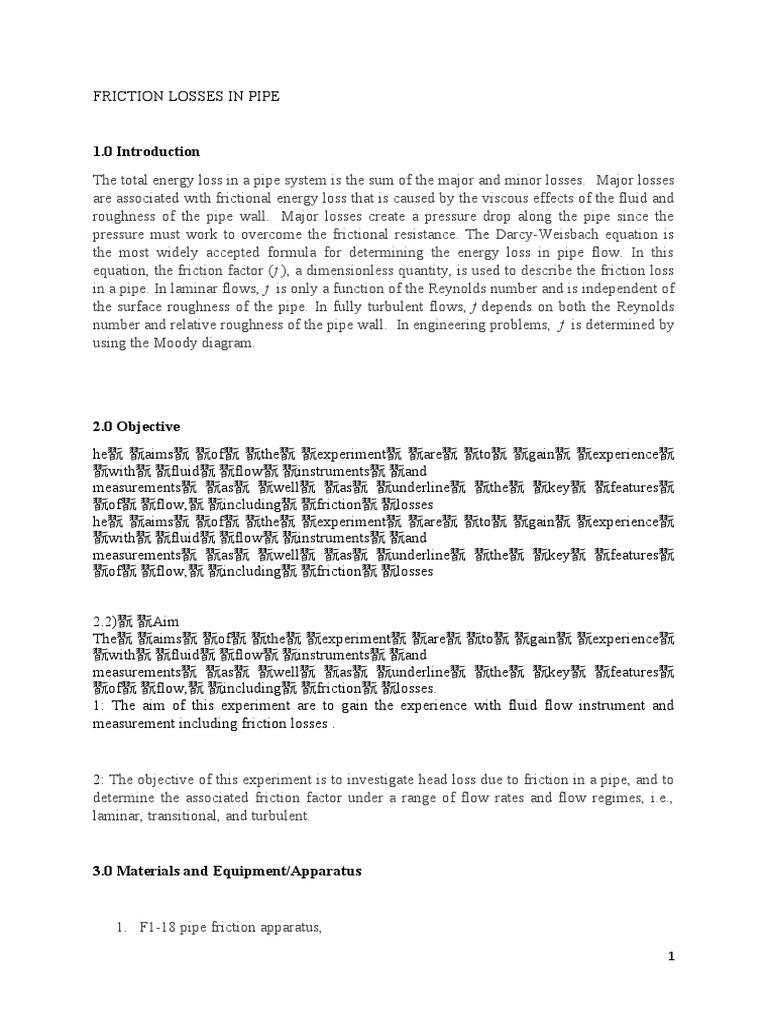 Determination of Frictional Head Losses and Friction Factors in Pipe