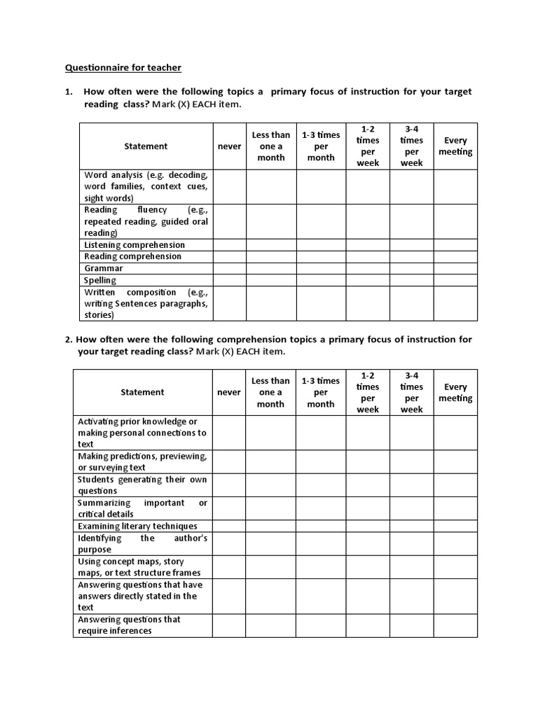 Questionaire For Teacher | PDF | Reading Comprehension | Cognition