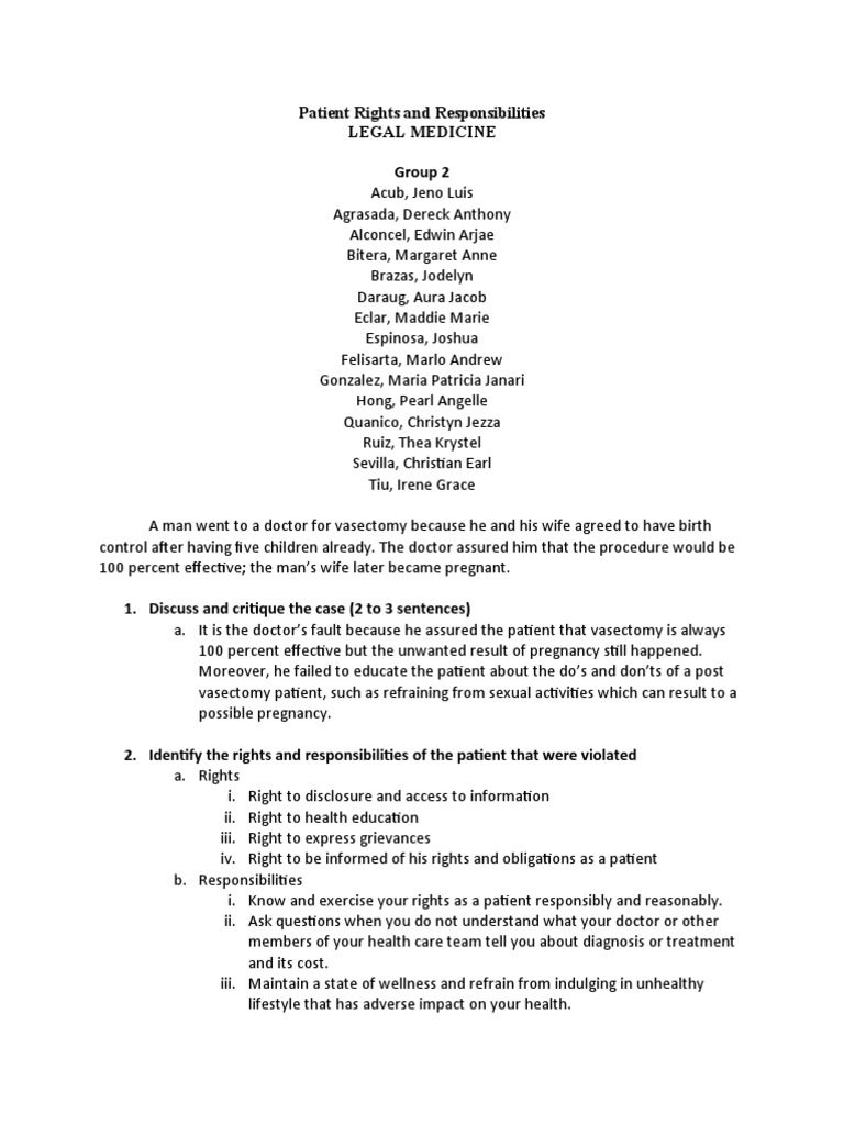Patient Rights and Responsibilities Legal Medicine Group 2 | PDF ...