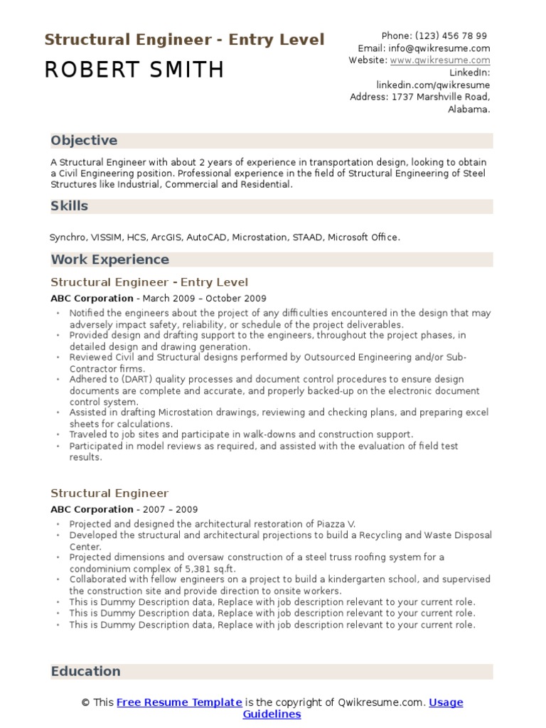 Robert Smith Structural Engineer Entry Level PDF Structural