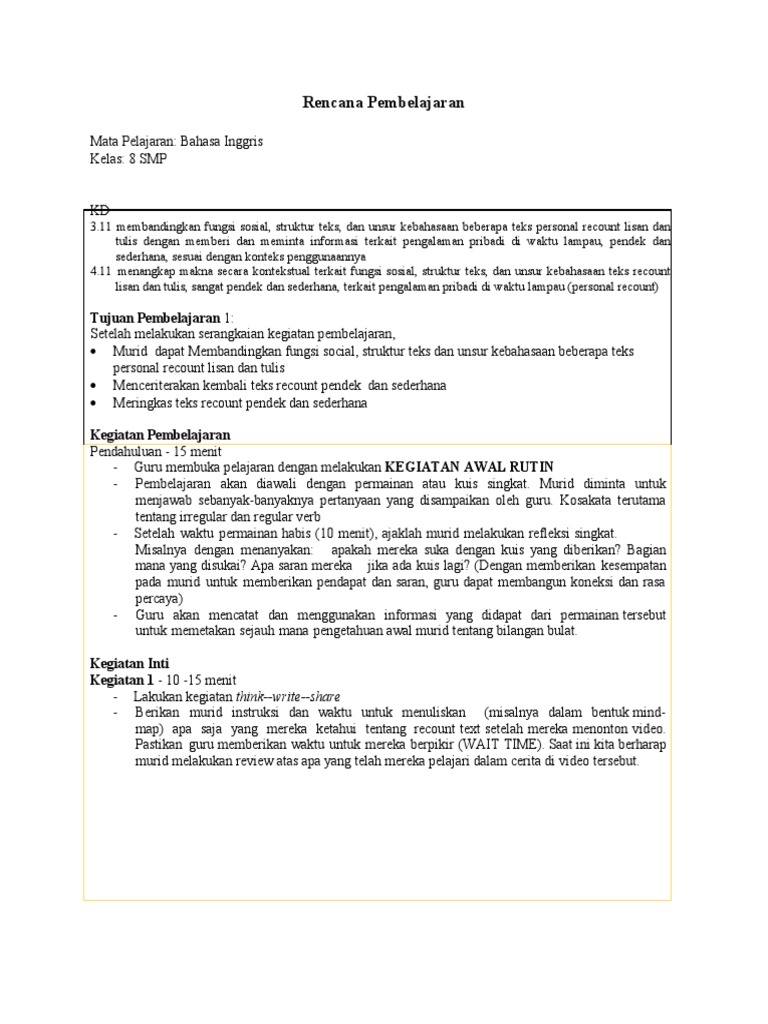 RPP Pembelajaran Recount Teks SMP | PDF | Karier & Perkembangan ...