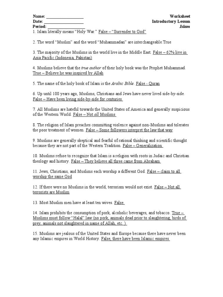 Islam Worksheet Answers