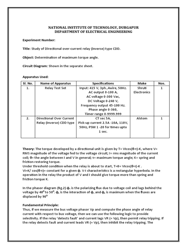 Directional Over Current Relay | PDF | Relay | Electricity