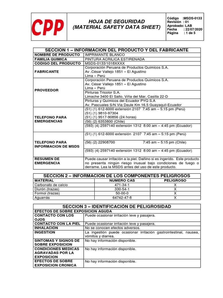Hoja de Seguridad Imprimante Blanco CPP | PDF | Agua | Química