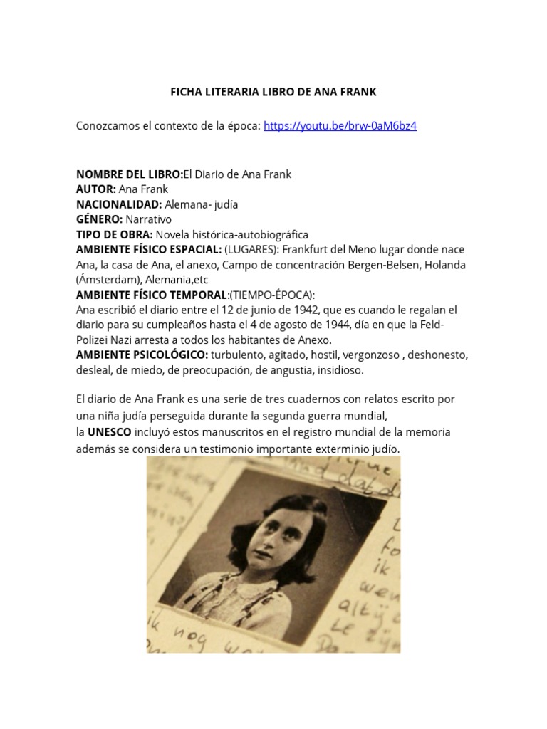 Ficha literaria de "El Diario de Ana Frank" | PDF | Anne Frank