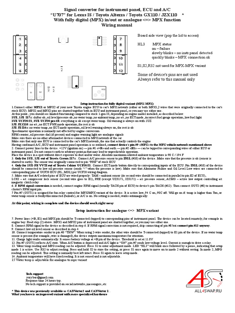 Signal converter for instrument panel, ECU and A/C Wiring manual and setup instructions for
