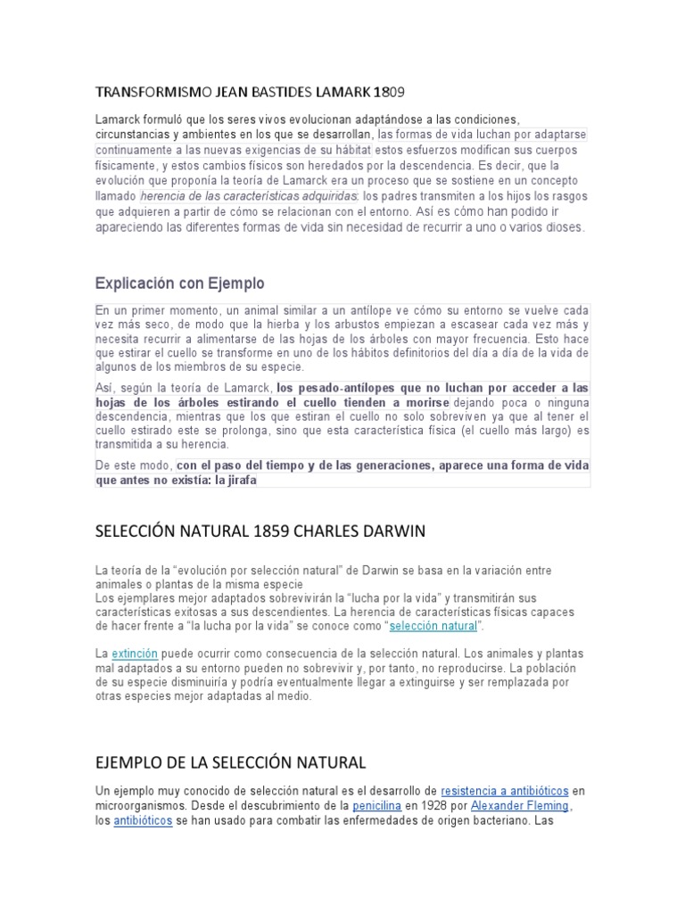 Teorías de la Evolución: Lamarck a Kimura | PDF | Evolución | Seleccion ...