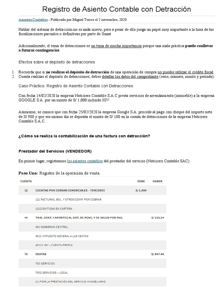 Asiento Contable Venta Y Compra Con Detracción Pdf