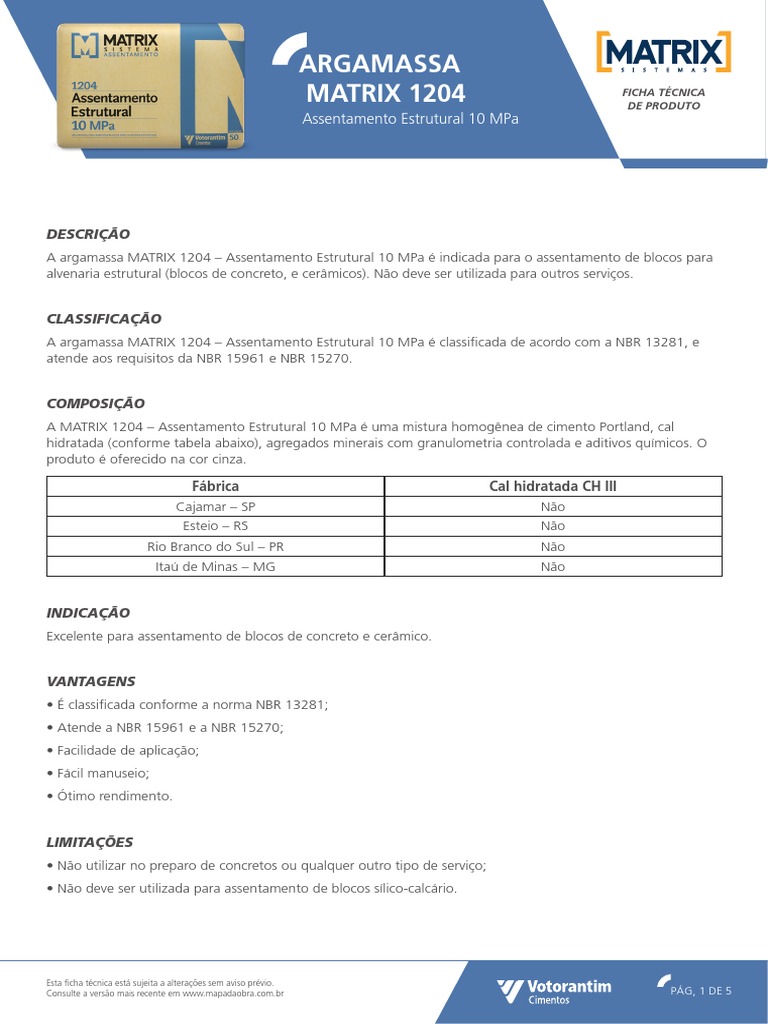 argamassa-matrix-10MPA - Ficha-Tecnica | PDF | Argamassa (alvenaria ...