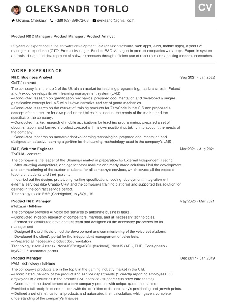 R&D and Product Management CV | PDF | Cloud Computing | Php