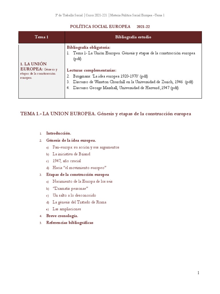 Tema-1 LA UNION EUROPEA. Génesis y Etapas de La Construcción Europea ...