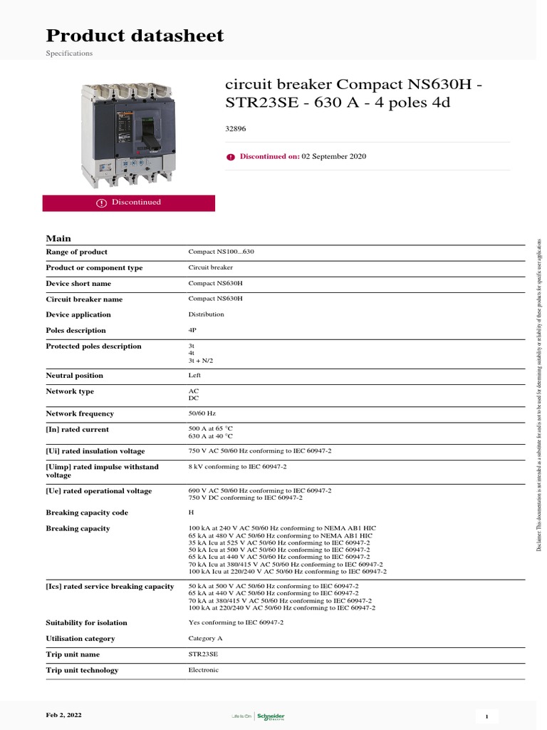Product Datasheet: Circuit Breaker Compact NS630H - STR23SE - 630 A - 4 ...