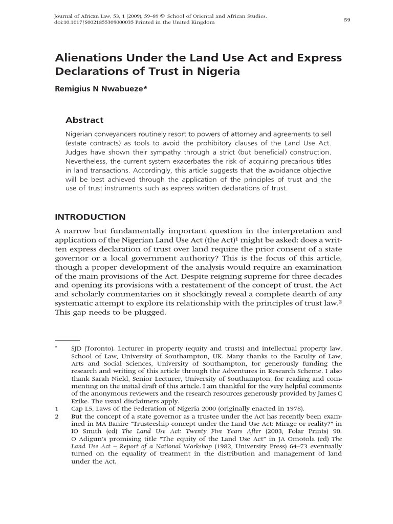 Alienations Under The Land Use Act and Express Declarations of Trust in