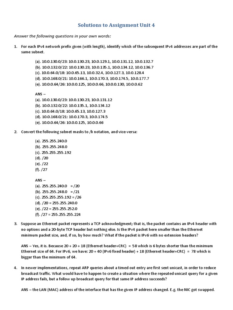 Solutions To Assignment Unit 4: Answer The Following Questions in Your ...