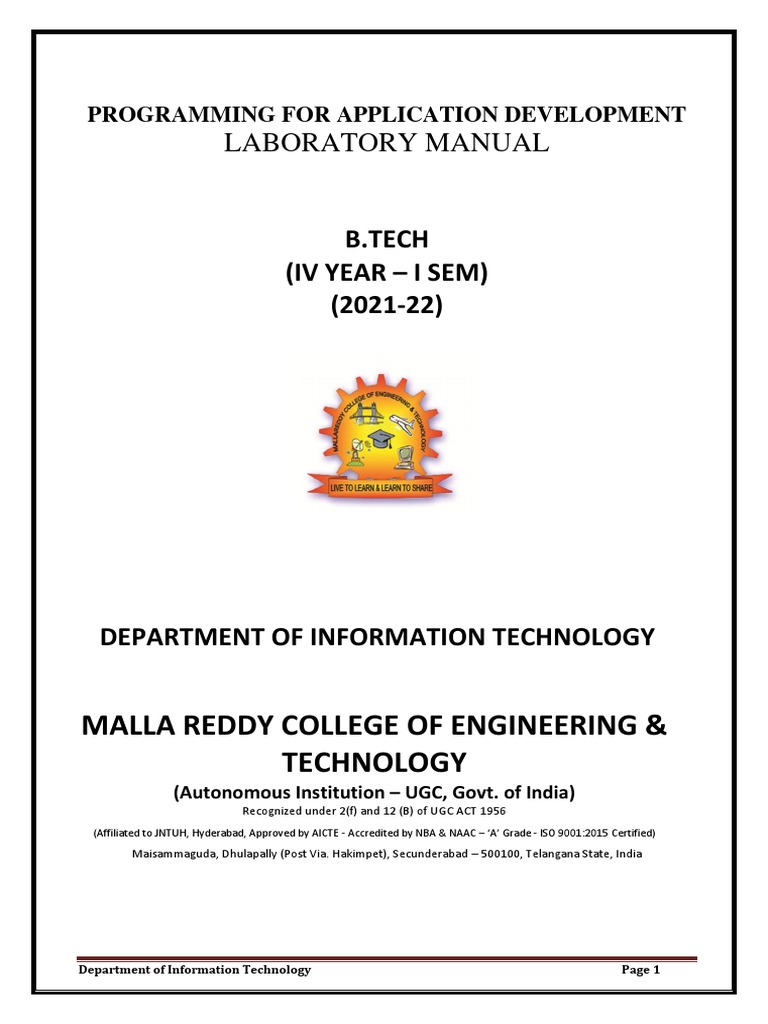 PROGRAMMING FOR APPLICATION DEVELOPMENT Lab Manual 2021-22 | PDF ...