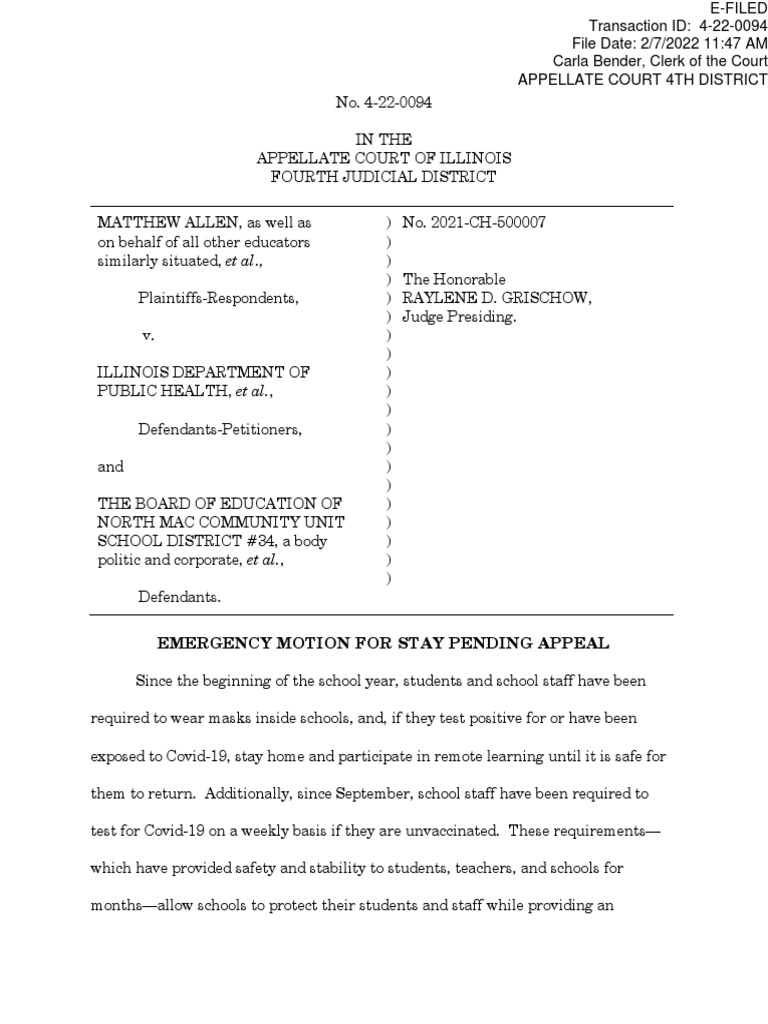 Emergency Stay Motion on School COVID Rules | PDF | Injunction | State ...