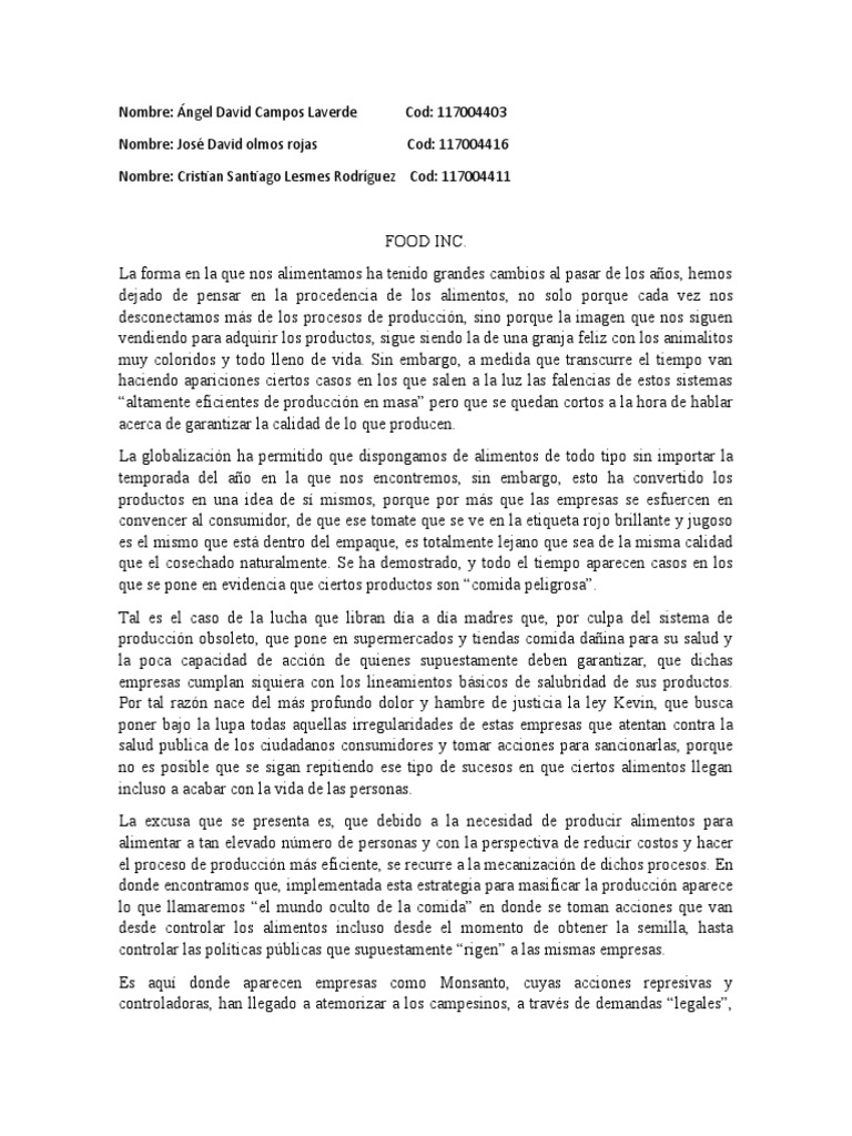 Food Inc. PDF Alimentos