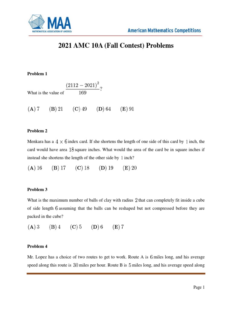 2021 AMC 10A Fall Contest Problems | PDF | Sphere | Polynomial