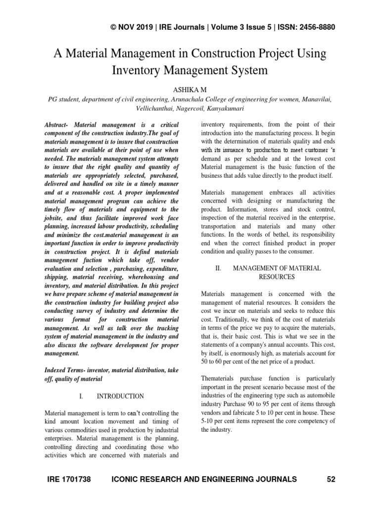 A Material Management in Construction Project Using Inventory Management System 2019 PDF