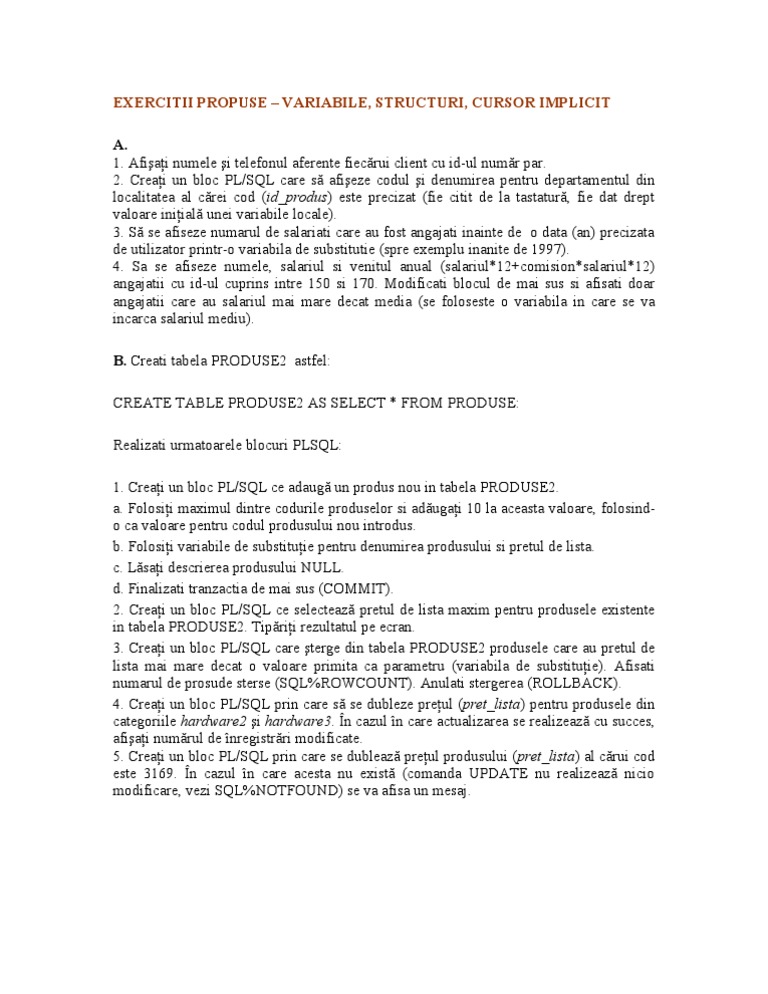 Exercitii Propuse - Variabile, Structuri, Cursor Implicit | PDF
