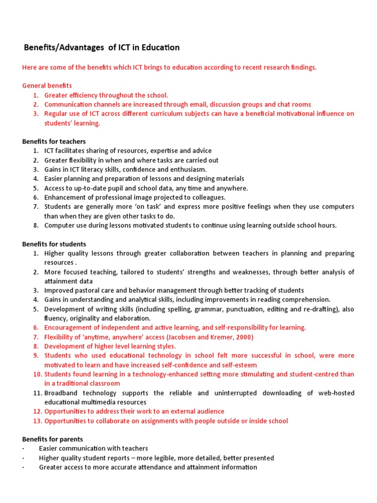 Advantages of ICT in Education | PDF | Educational Technology | Schools