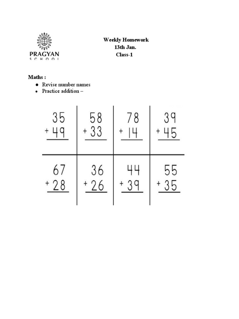 Weekly Homework 13th Jan. Class-1: Revise Number Names Practice ...