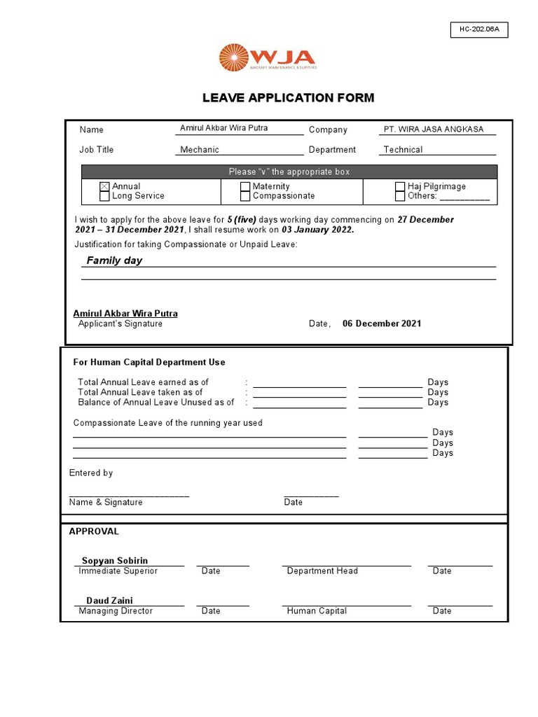 Leave Application for Wira Jasa Angkasa | PDF | Finance & Money Management