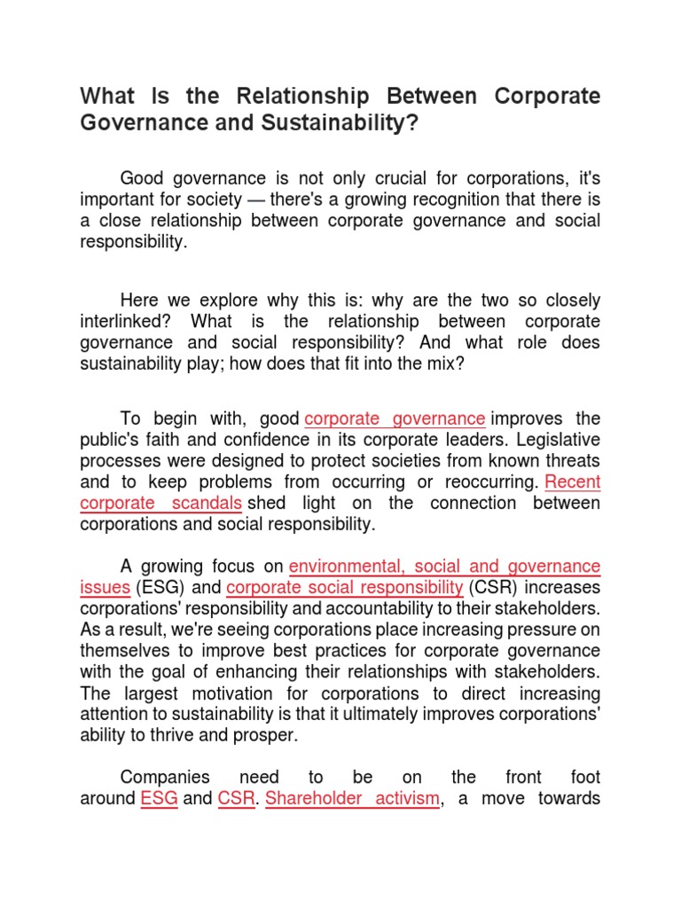 Corporate Governance and Sustainability Link | PDF | Corporate Social ...