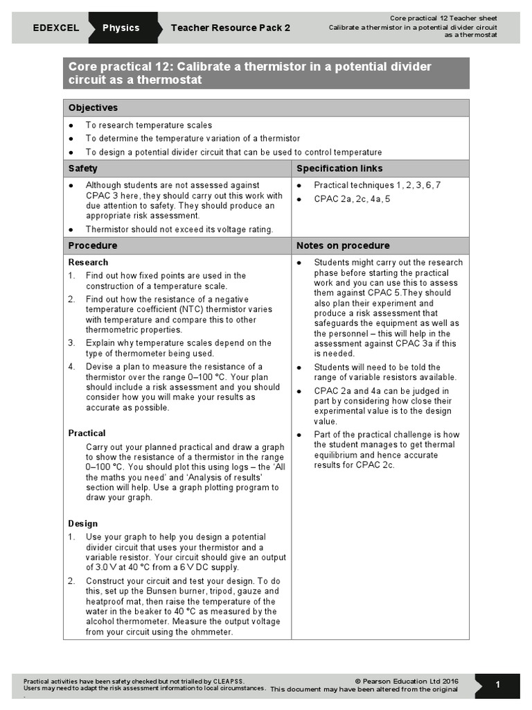 AS and A Level Physics Core Practical 12 Thermistor (Student, Teacher