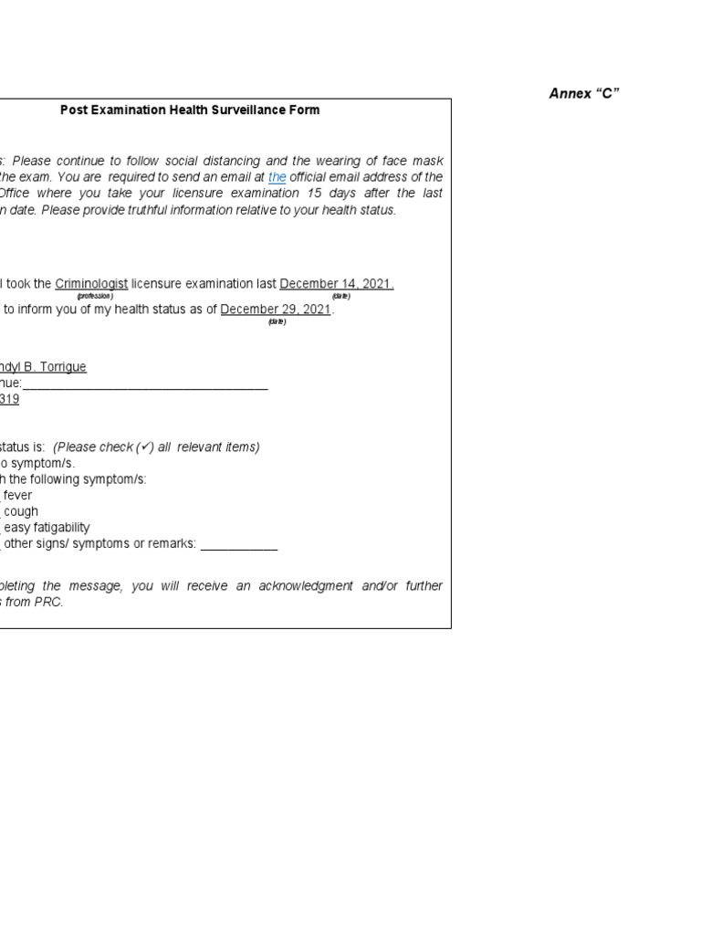 Post Examination Health Surveillance Form: Annex 