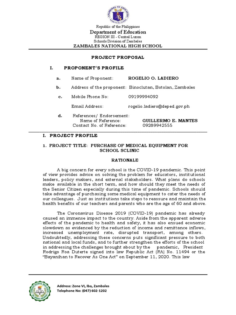 Project Proposal MEDICAL SUPPLIES & EQUIPMENT PDF Health Sciences