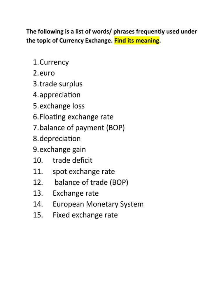 Currency Exchange (A List of Words) | PDF