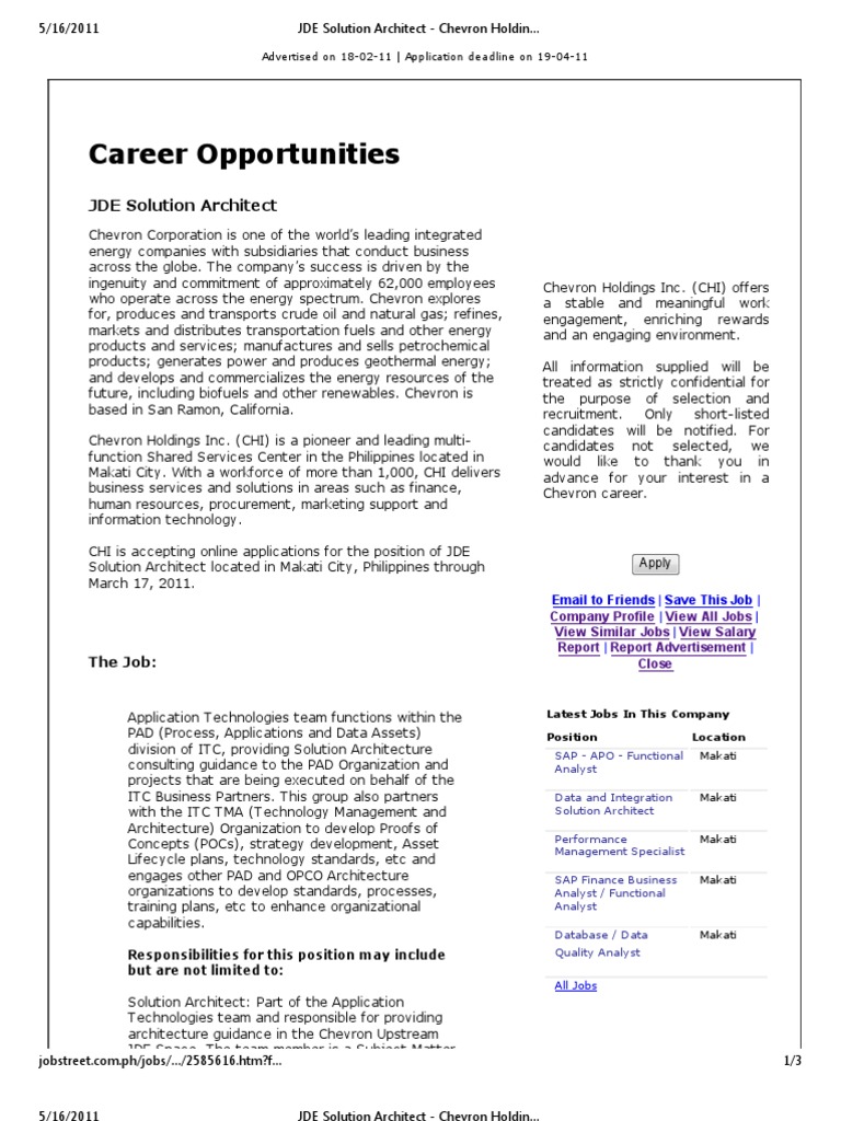 JDE Solution Architect Chevron Holdings Inc Download Free PDF