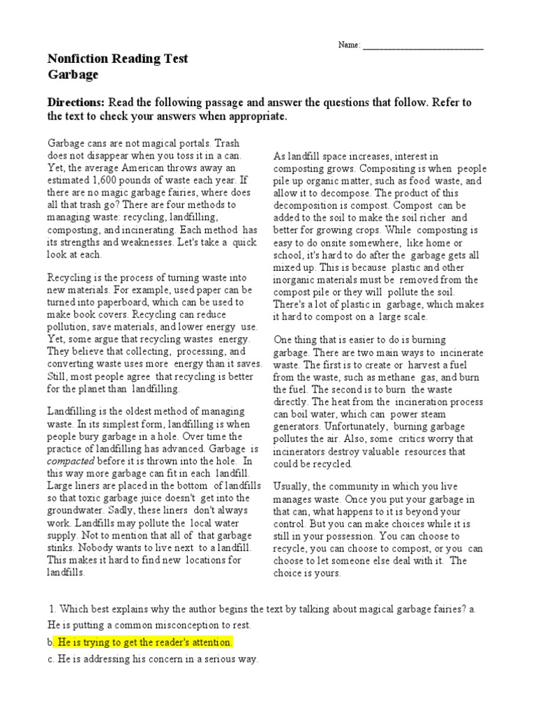 Nonfiction Reading Test Garbage Directions Read The Following Passage