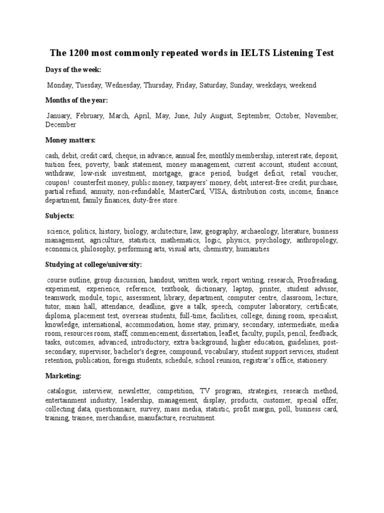 The 1200 most commonly repeated words in ielts listening test pdf
