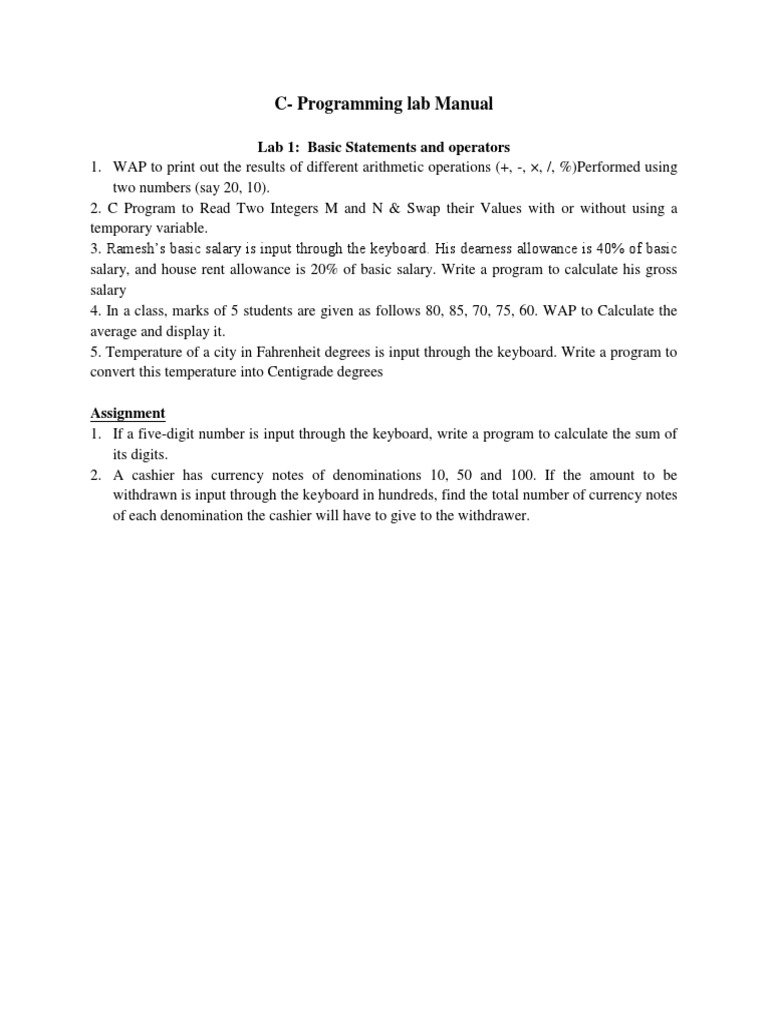 C-Programming Lab Manual: Lab 1: Basic Statements and Operators | PDF ...
