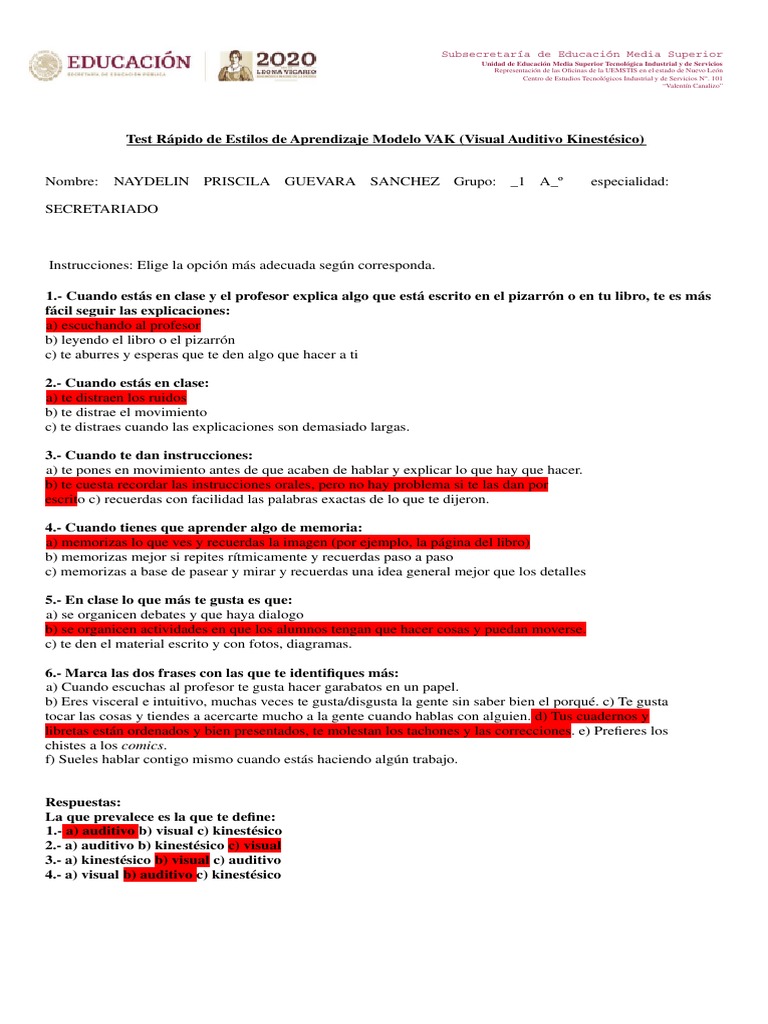 Test VAK de Estilos de Aprendizaje CETIS 101 | PDF | Cognición ...