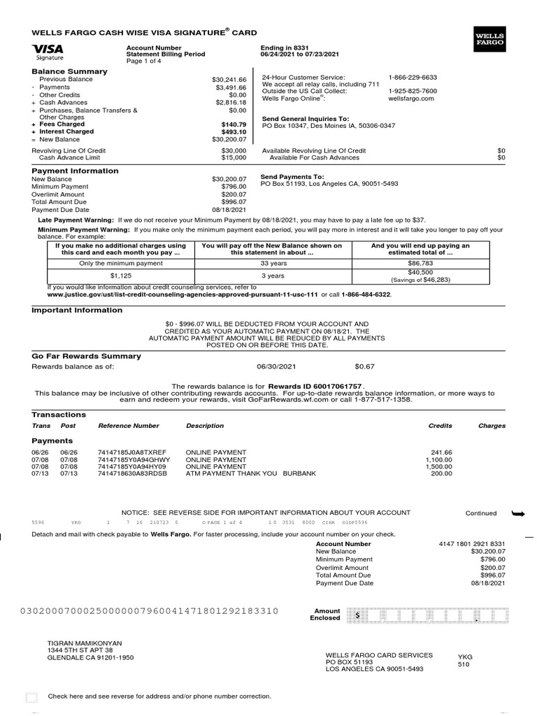 Wells Fargo Cash Wise Visa Signature Card: Trans Post Reference