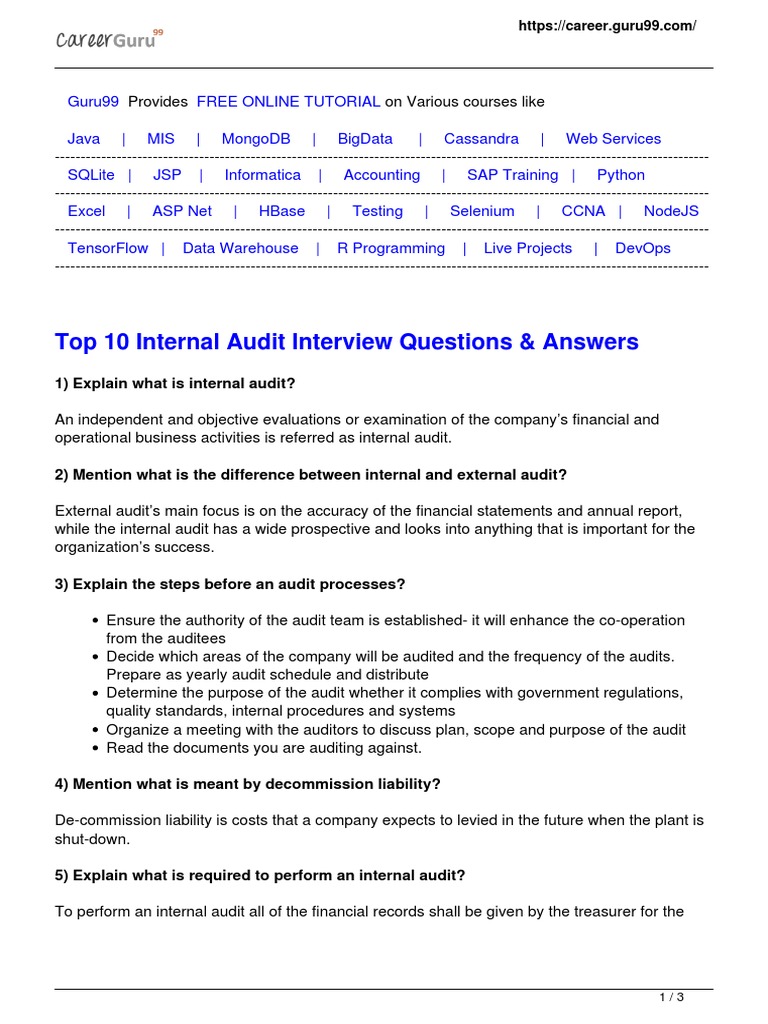 Top 10 Internal Audit Interview Questions & Answers PDF Audit