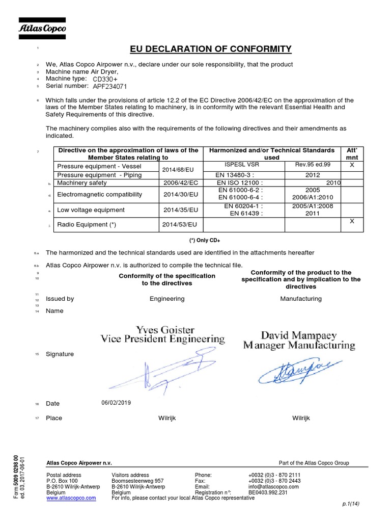 Eu Declaration of Conformity: CD330+ APF234071 | PDF | Technology ...