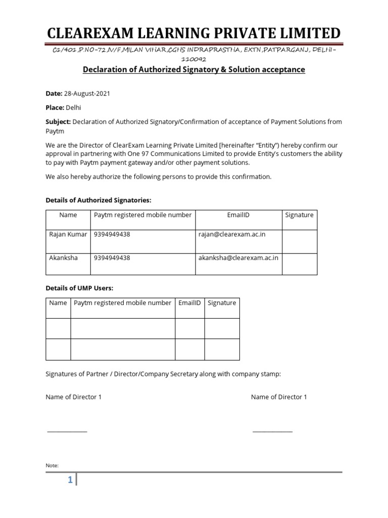 Clearexam Learning Private Limited: Declaration of Authorized Signatory ...